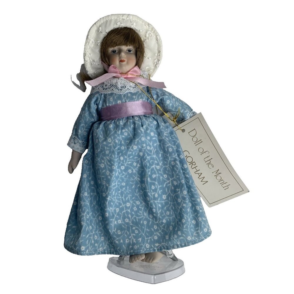Gorham October Doll of the Month Porcelain Doll in Blue Floral Dress‎